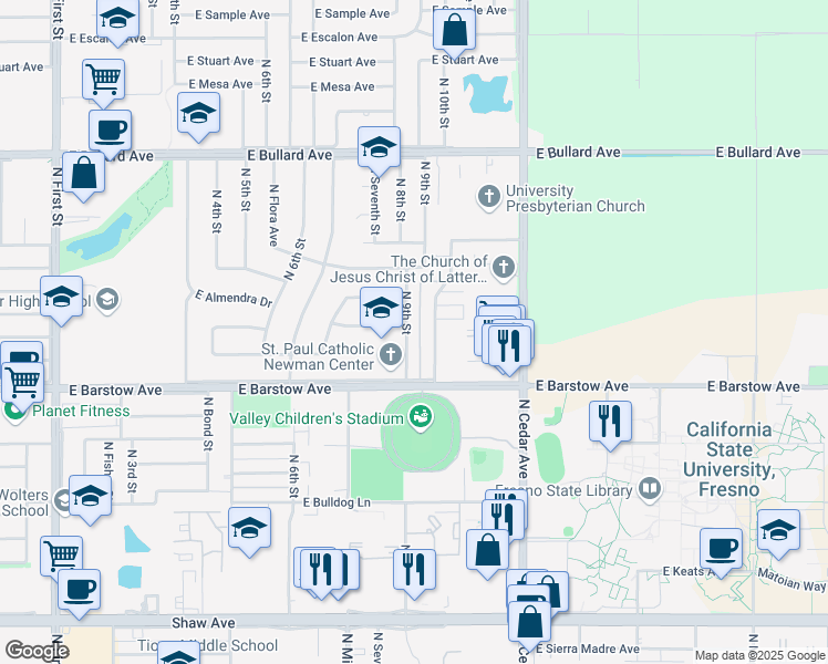 map of restaurants, bars, coffee shops, grocery stores, and more near 5494 North 9th Street in Fresno