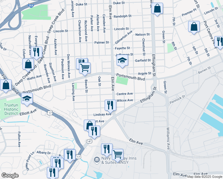 map of restaurants, bars, coffee shops, grocery stores, and more near 2802 Elm Avenue in Portsmouth