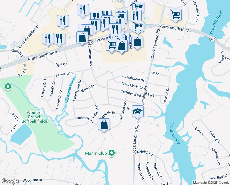 map of restaurants, bars, coffee shops, grocery stores, and more near 4117 Coffman Boulevard in Chesapeake