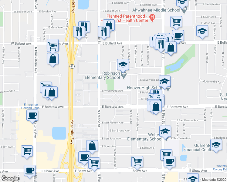 map of restaurants, bars, coffee shops, grocery stores, and more near 69 East Wrenwood Avenue in Fresno