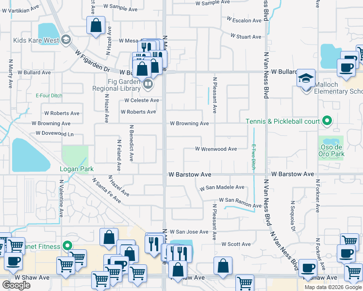 map of restaurants, bars, coffee shops, grocery stores, and more near 2722 West Wrenwood Avenue in Fresno