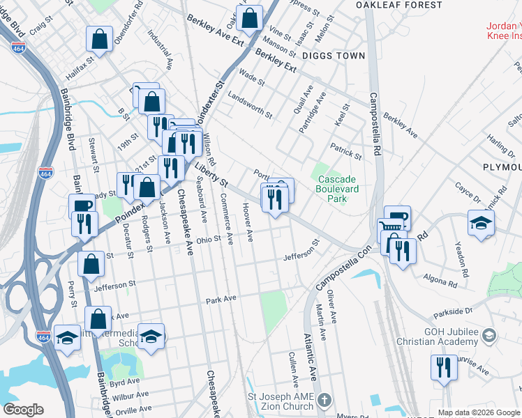 map of restaurants, bars, coffee shops, grocery stores, and more near 1700 Liberty Street in Chesapeake