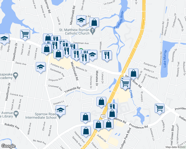 map of restaurants, bars, coffee shops, grocery stores, and more near 3136 Choctaw Drive in Virginia Beach