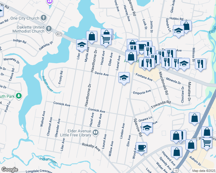 map of restaurants, bars, coffee shops, grocery stores, and more near 1218 Elder Avenue in Chesapeake