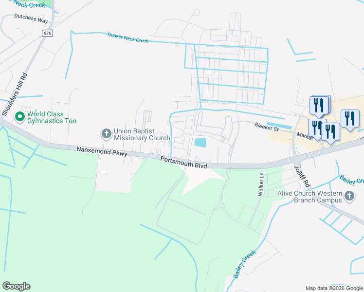 map of restaurants, bars, coffee shops, grocery stores, and more near 2103 Belden Avenue in Chesapeake