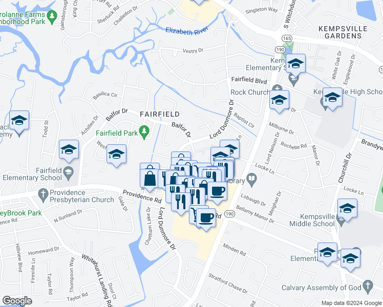 map of restaurants, bars, coffee shops, grocery stores, and more near 642 Oleander Circle in Virginia Beach