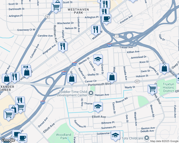 map of restaurants, bars, coffee shops, grocery stores, and more near 23 Neville Street in Portsmouth
