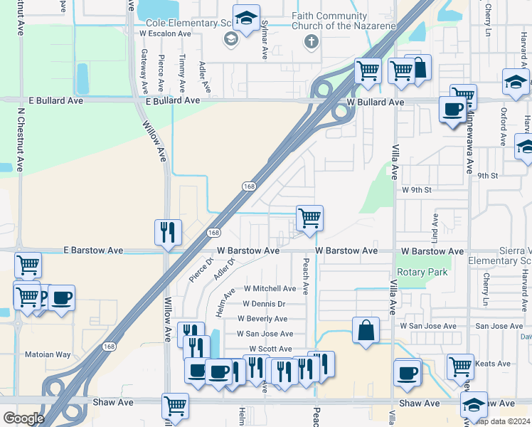 map of restaurants, bars, coffee shops, grocery stores, and more near 1001 Sylmar Avenue in Clovis