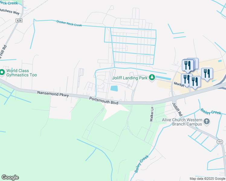 map of restaurants, bars, coffee shops, grocery stores, and more near 5032 Portsmouth Boulevard in Chesapeake
