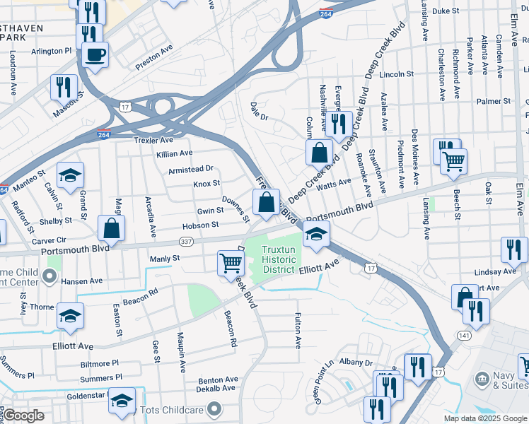 map of restaurants, bars, coffee shops, grocery stores, and more near 3100 Deep Creek Boulevard in Portsmouth