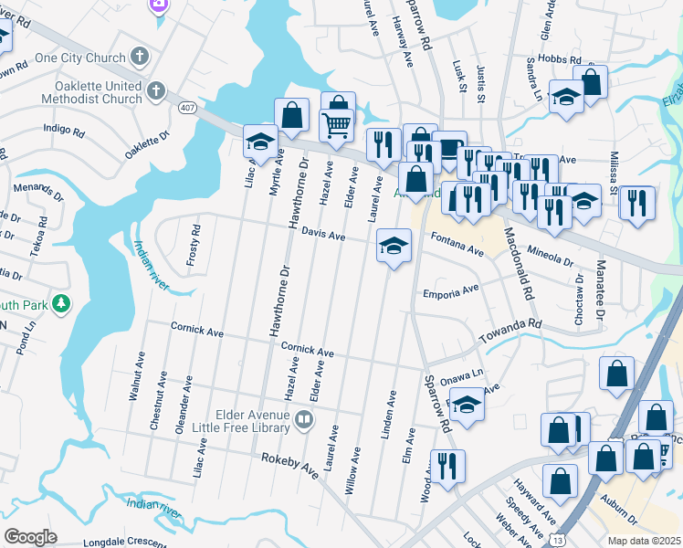 map of restaurants, bars, coffee shops, grocery stores, and more near 1218 Elder Avenue in Chesapeake