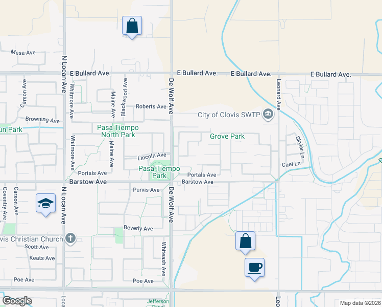 map of restaurants, bars, coffee shops, grocery stores, and more near 1049 El Molino Avenue in Clovis