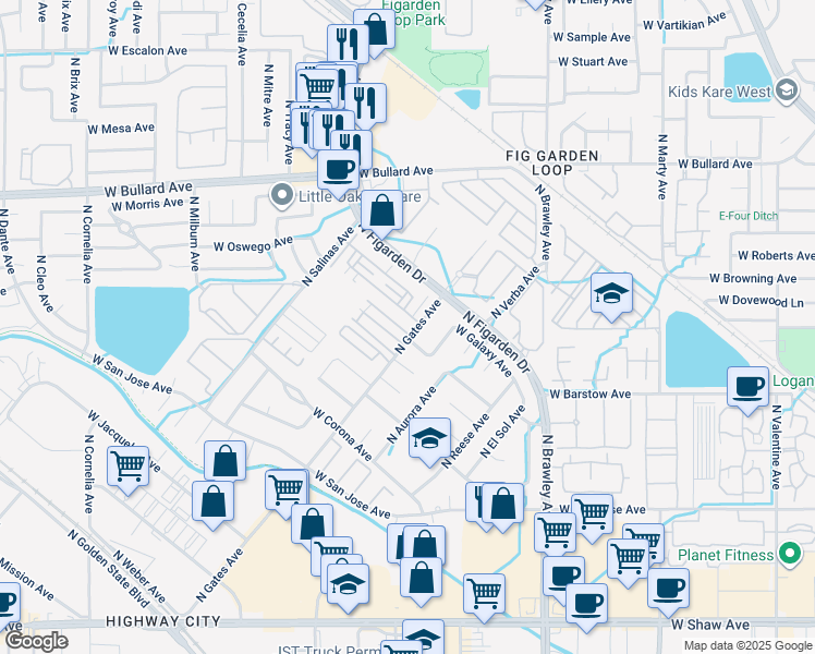 map of restaurants, bars, coffee shops, grocery stores, and more near 4303 West Pinsapo Drive in Fresno
