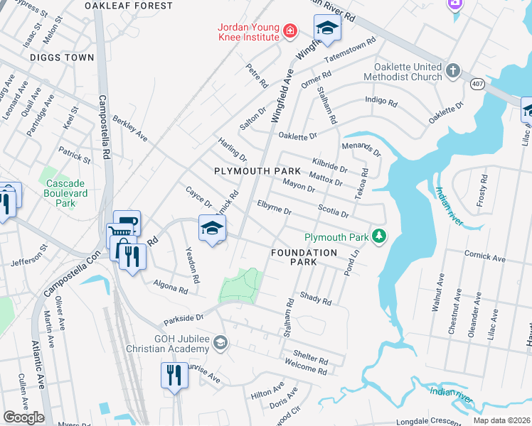 map of restaurants, bars, coffee shops, grocery stores, and more near 2906 Elbyrne Court in Chesapeake