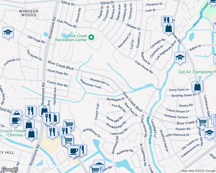 map of restaurants, bars, coffee shops, grocery stores, and more near 3340 Plainsman Trail in Virginia Beach