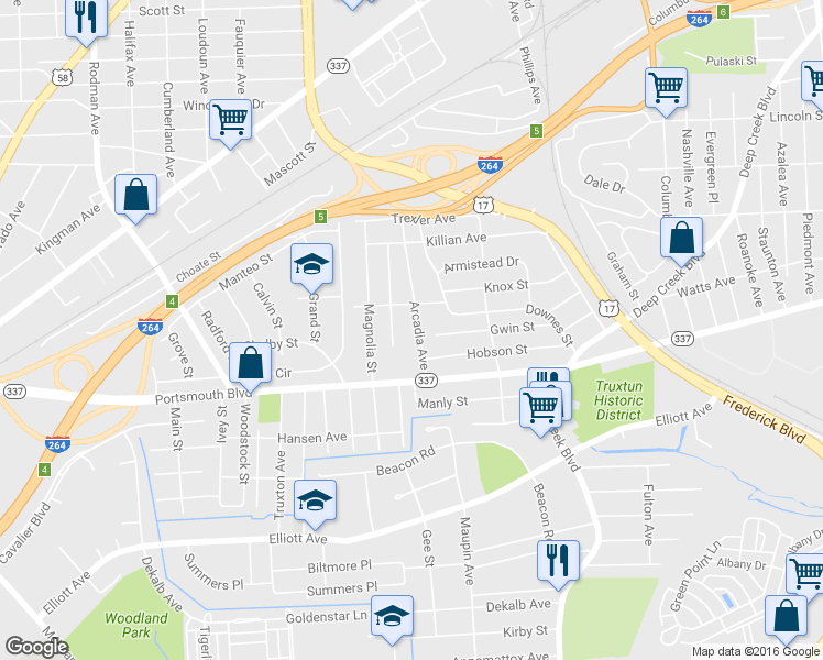 map of restaurants, bars, coffee shops, grocery stores, and more near 2808 Arcadia Ave in Portsmouth