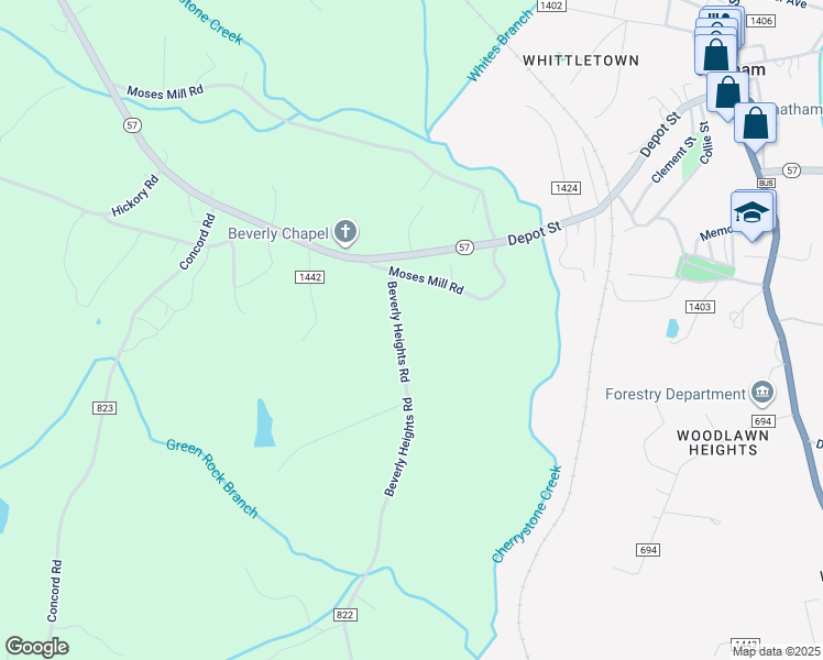 map of restaurants, bars, coffee shops, grocery stores, and more near 237 Beverly Heights Road in Chatham