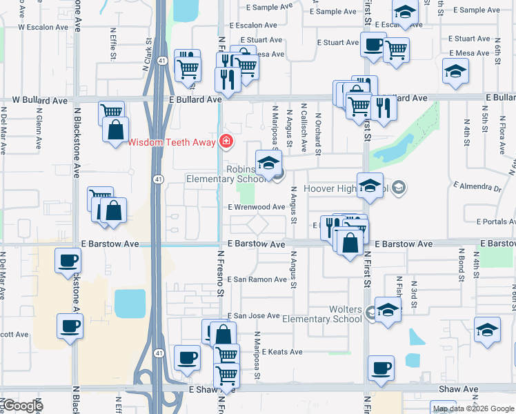 map of restaurants, bars, coffee shops, grocery stores, and more near 498 East Wrenwood Avenue in Fresno