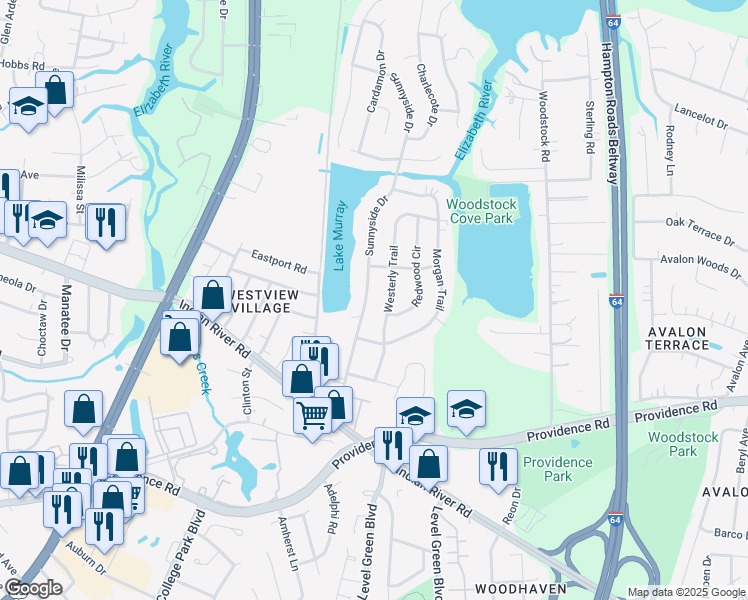 map of restaurants, bars, coffee shops, grocery stores, and more near 917 Sunnyside Drive in Virginia Beach