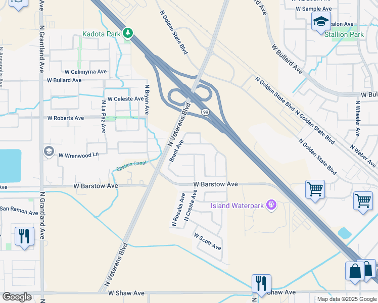 map of restaurants, bars, coffee shops, grocery stores, and more near 6312 West Wrenwood Lane in Fresno