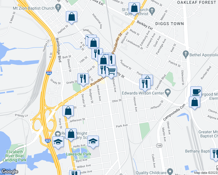 map of restaurants, bars, coffee shops, grocery stores, and more near 1049 Chesapeake Avenue in Chesapeake