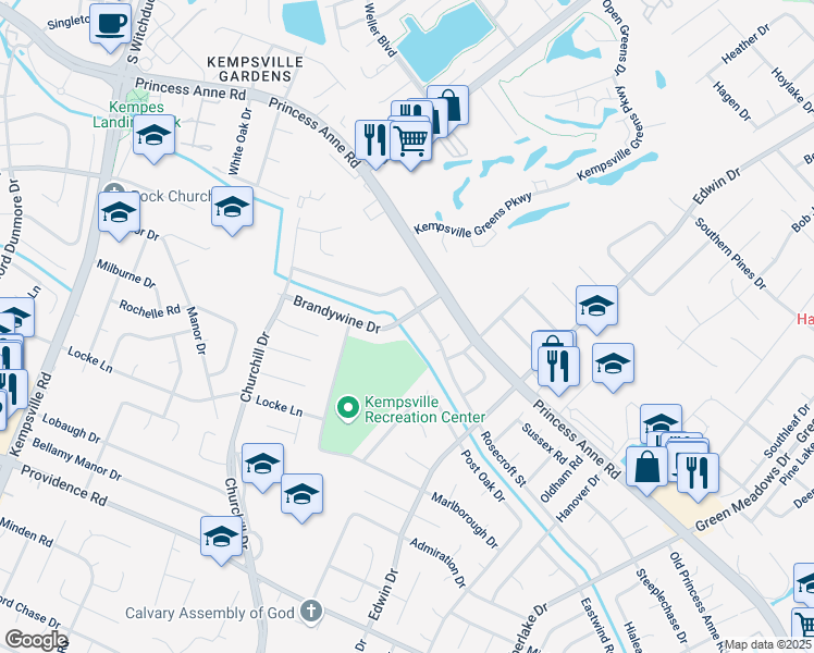 map of restaurants, bars, coffee shops, grocery stores, and more near 4817 Brandywine Drive in Virginia Beach