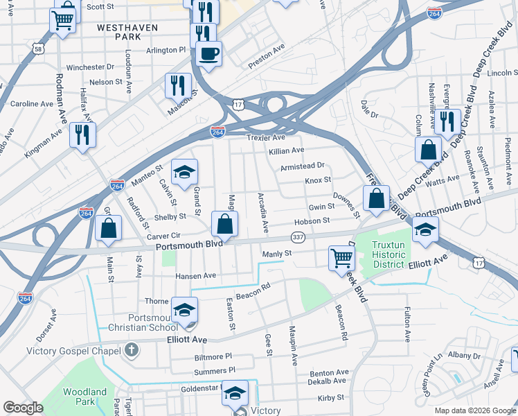 map of restaurants, bars, coffee shops, grocery stores, and more near 2808 Arcadia Avenue in Portsmouth