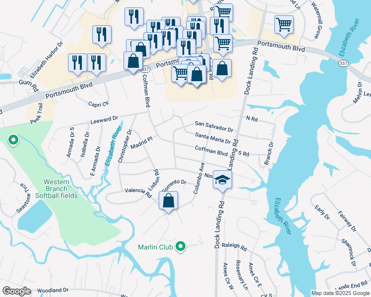 map of restaurants, bars, coffee shops, grocery stores, and more near 4117 Coffman Boulevard in Chesapeake