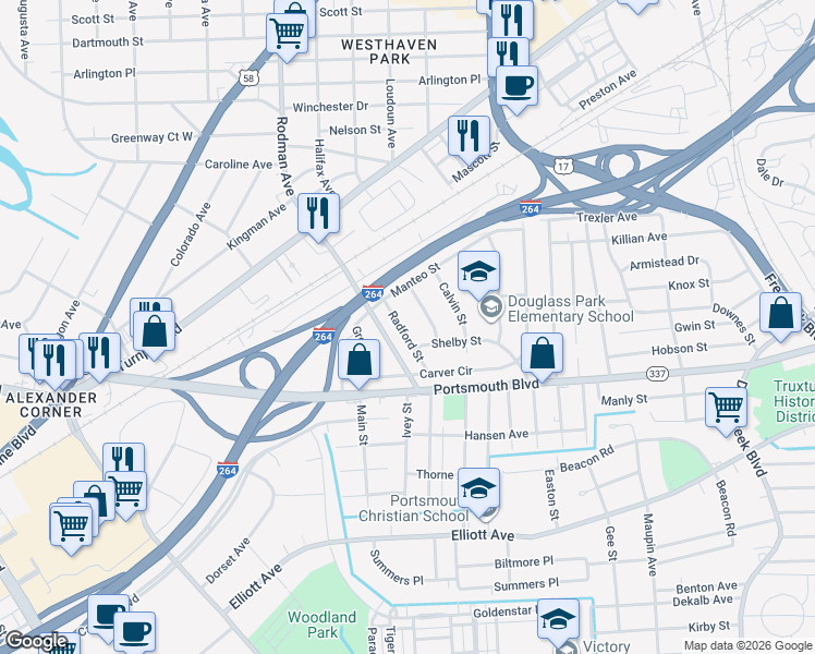 map of restaurants, bars, coffee shops, grocery stores, and more near 37 Radford Street in Portsmouth