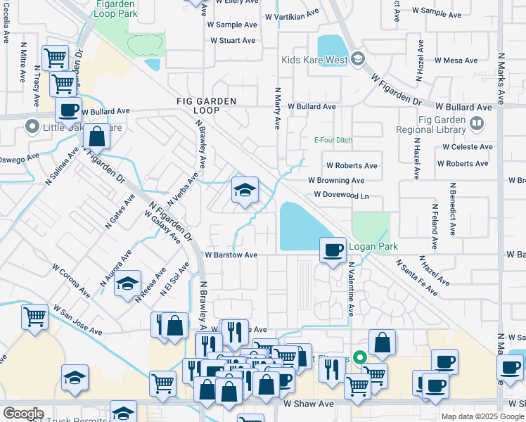 map of restaurants, bars, coffee shops, grocery stores, and more near 3630 West Pomegranate Lane in Fresno