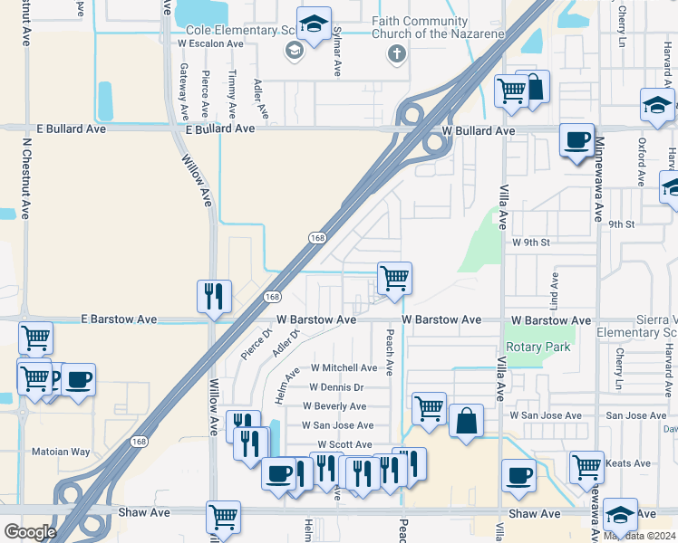 map of restaurants, bars, coffee shops, grocery stores, and more near 1099 Sylmar Avenue in Clovis