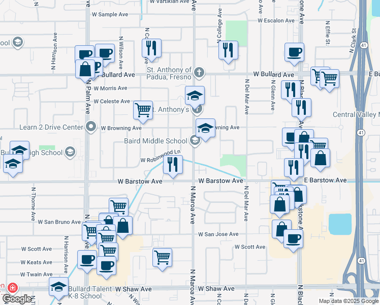 map of restaurants, bars, coffee shops, grocery stores, and more near 5500 North Maroa Avenue in Fresno