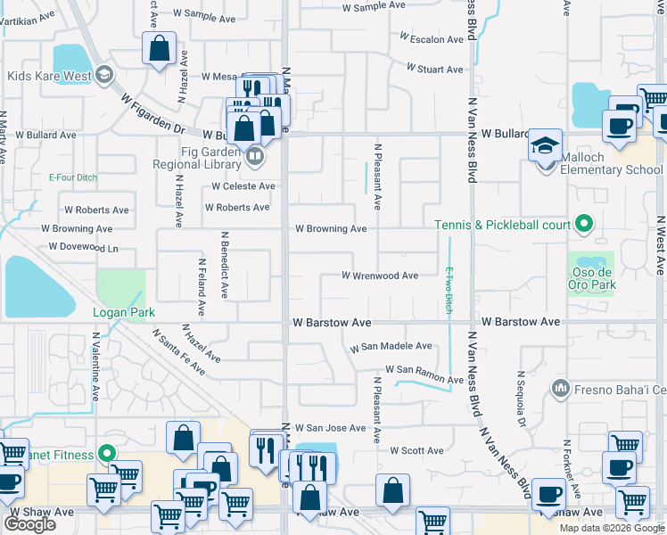 map of restaurants, bars, coffee shops, grocery stores, and more near 2722 West Wrenwood Avenue in Fresno