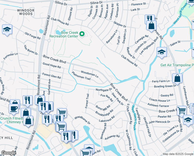 map of restaurants, bars, coffee shops, grocery stores, and more near 3340 Plainsman Trail in Virginia Beach