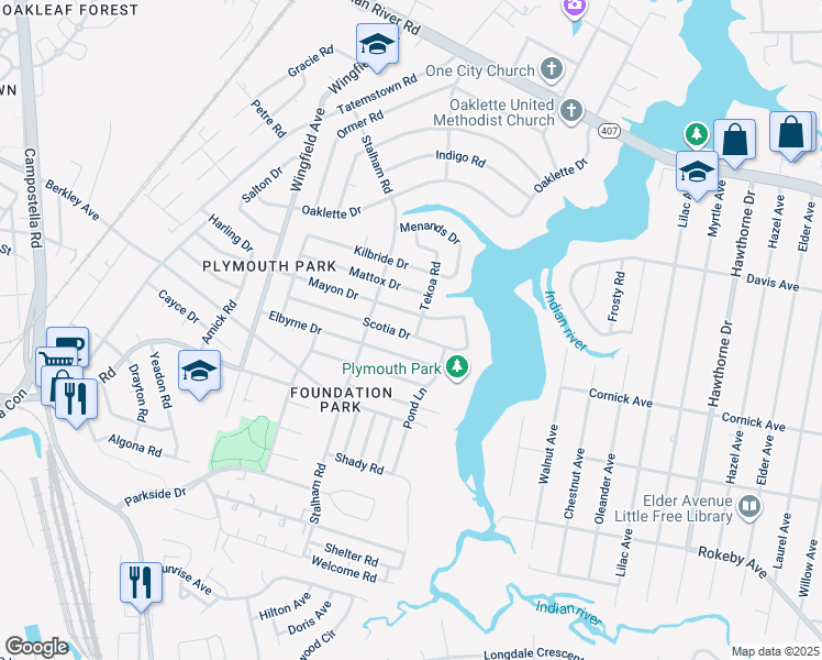 map of restaurants, bars, coffee shops, grocery stores, and more near 3006 Scotia Drive in Chesapeake
