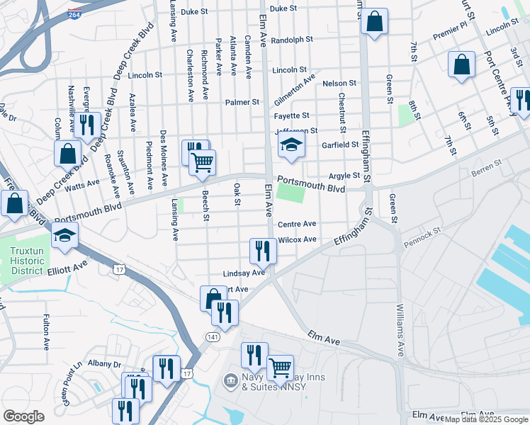 map of restaurants, bars, coffee shops, grocery stores, and more near 2802 Elm Avenue in Portsmouth