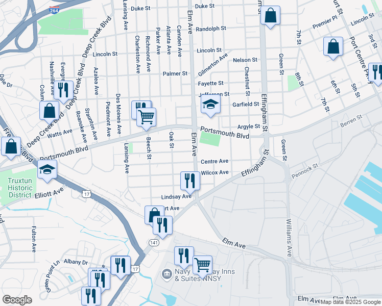 map of restaurants, bars, coffee shops, grocery stores, and more near 2802 Elm Avenue in Portsmouth