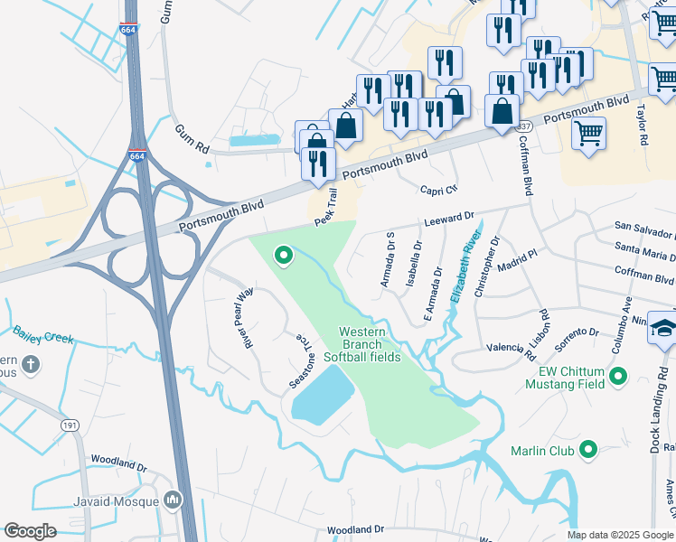 map of restaurants, bars, coffee shops, grocery stores, and more near 4648 Leeward Drive in Chesapeake