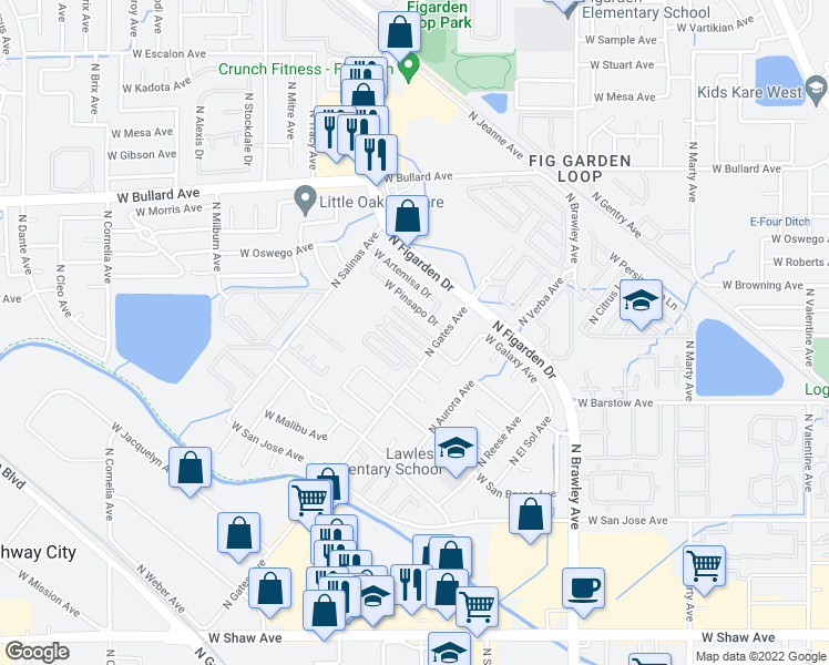 map of restaurants, bars, coffee shops, grocery stores, and more near 4296 West Regency Avenue in Fresno