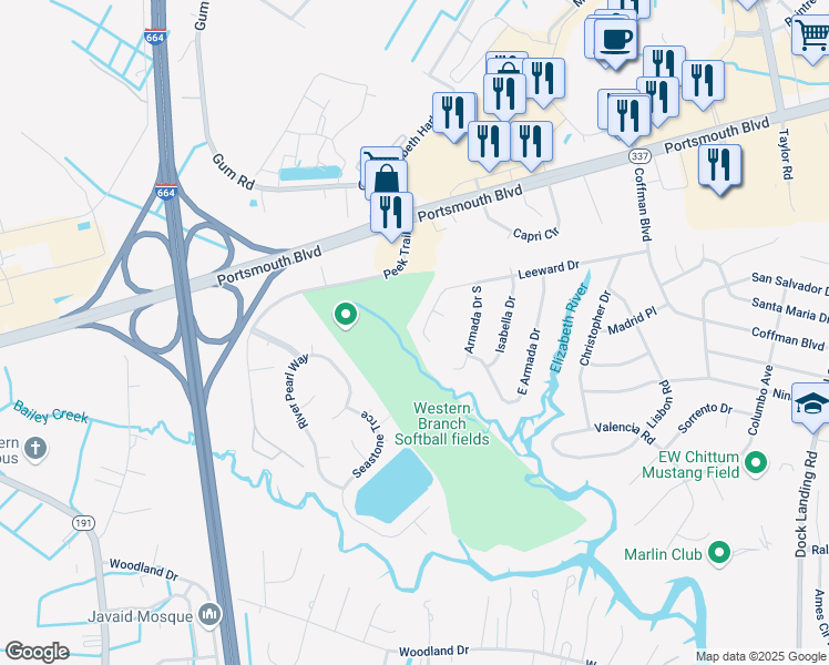 map of restaurants, bars, coffee shops, grocery stores, and more near 4648 Leeward Drive in Chesapeake