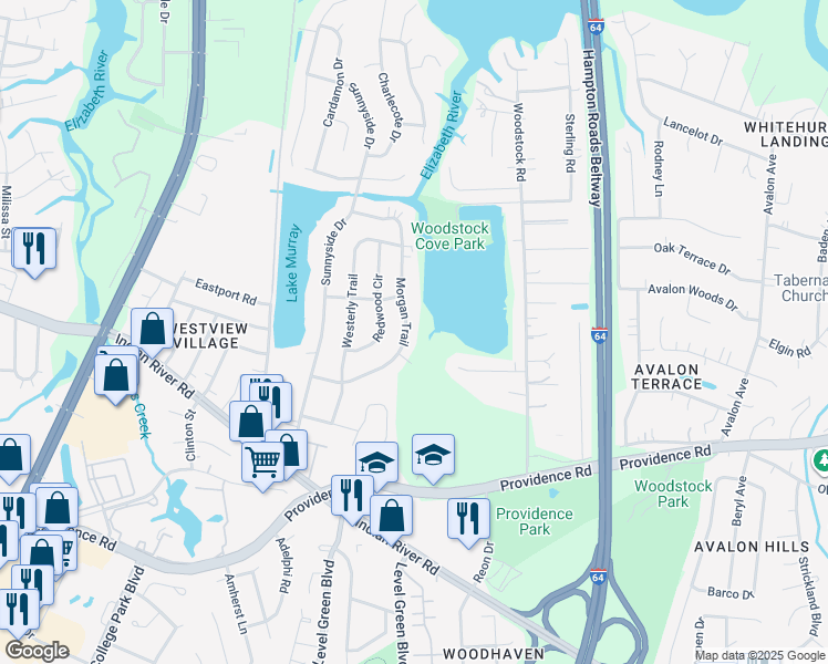 map of restaurants, bars, coffee shops, grocery stores, and more near 856 Morgan Trail in Virginia Beach
