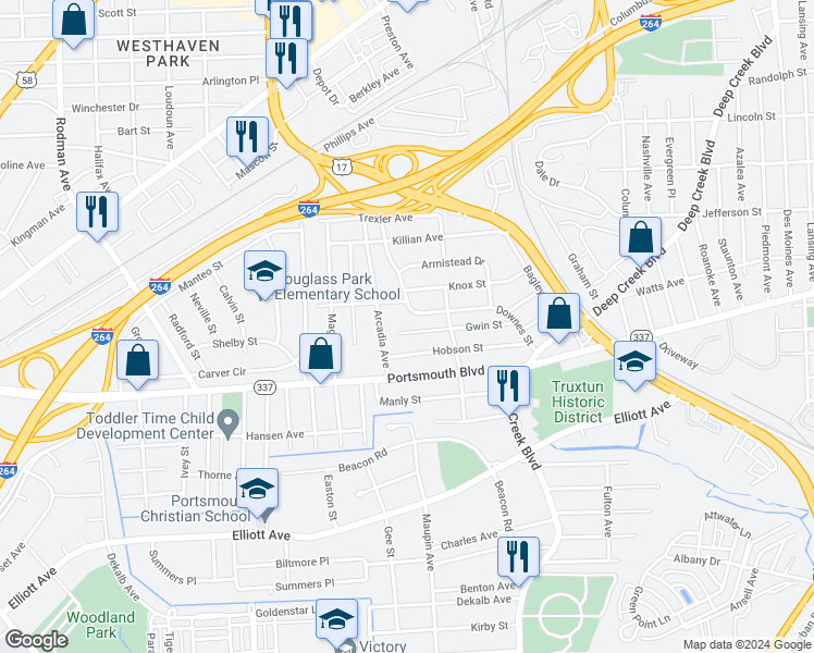map of restaurants, bars, coffee shops, grocery stores, and more near 3328 Gwin Street in Portsmouth