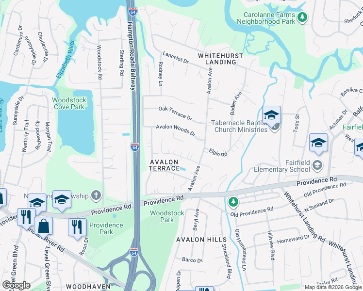 map of restaurants, bars, coffee shops, grocery stores, and more near 729 Fiona Lane in Virginia Beach