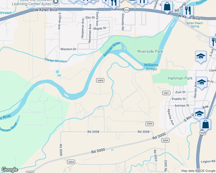 map of restaurants, bars, coffee shops, grocery stores, and more near 64 Road 3009 in Aztec