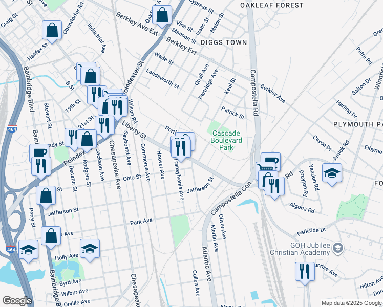 map of restaurants, bars, coffee shops, grocery stores, and more near Latham Street in Chesapeake