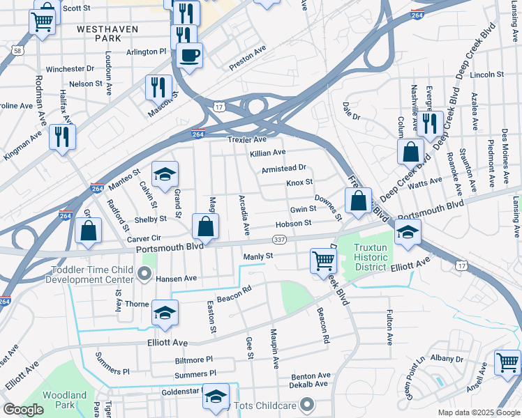 map of restaurants, bars, coffee shops, grocery stores, and more near 3328 Gwin Street in Portsmouth