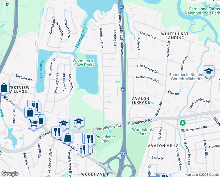 map of restaurants, bars, coffee shops, grocery stores, and more near 752 Woodstock Road in Virginia Beach