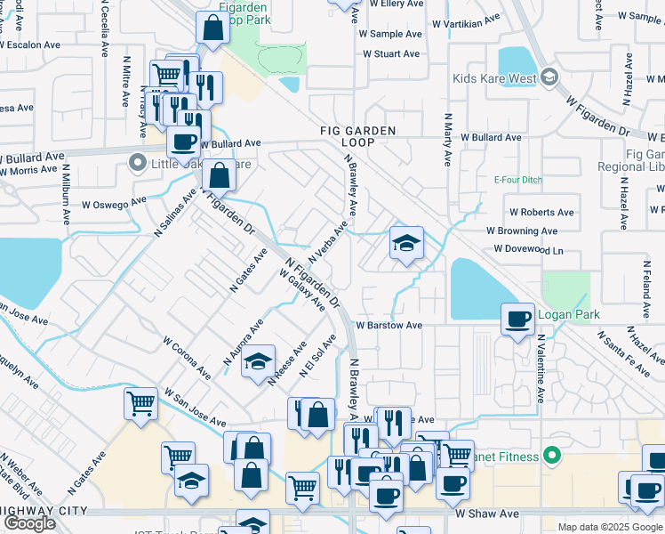 map of restaurants, bars, coffee shops, grocery stores, and more near 5466 North Figarden Drive in Fresno