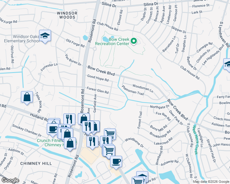 map of restaurants, bars, coffee shops, grocery stores, and more near 3428 Forest Glen Road in Virginia Beach