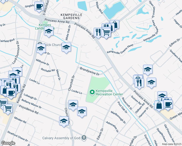 map of restaurants, bars, coffee shops, grocery stores, and more near 4845 Brandywine Drive in Virginia Beach
